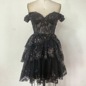 Handmade Glamorous Black Sequin Layered Mini Dress
